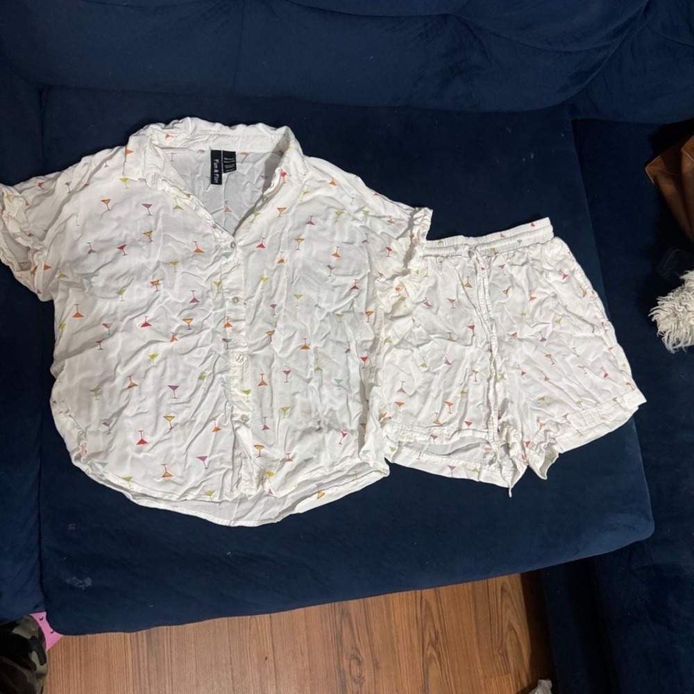 Fun & Flirt Martini Glass Print Pajama Set White Button Down Shirt and Shorts